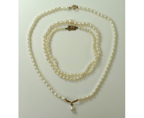 A single string of Mikimoto cultured pearls with a 9ct gold clasp, 51cm long, 13.3g, together with a single string cultured p