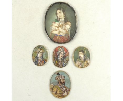 Indian School (19th century): a miniature half length portrait painted on porcelain, depicting a lady wearing various jewelle