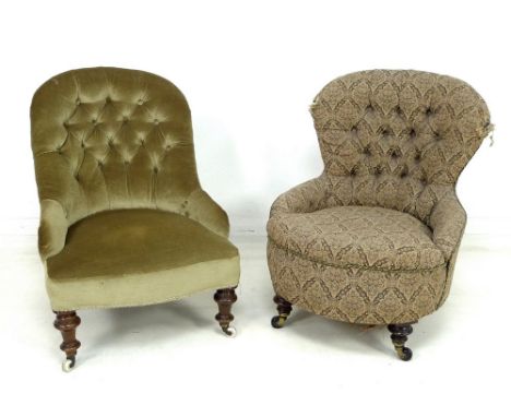 Two Victorian nursing chairs, with button back upholstery, turned supports and castors, one green upholstered 56 by 72 by 77c