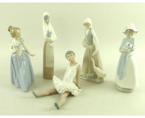 A collection of Nao figures, comprising girl holding puppy, 25cm, girl with goose, 25cm, girl with lamb, 27cm, young ballerin