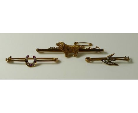 A 9ct gold bar brooch set with a spaniel, with safety chain, marked to back, 5.2g, together with a 14ct gold bar brooch with 