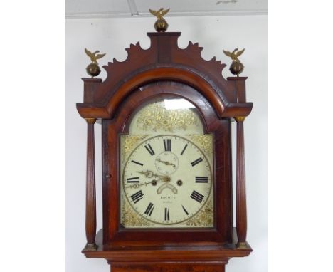 A 19th century mahogany cased long case clock, cream painted domed dial with gilt floral sprays, signed Adcock Watton, subsid