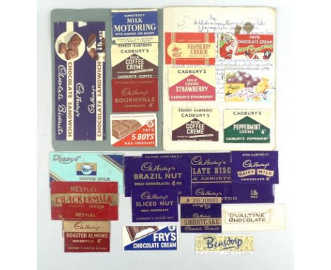 An interesting collection of vintage chocolate and sweet wrappers, circa 1930 - 1950, cut and pasted into school exercise boo