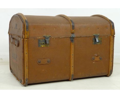 A vintage trunk, the painted canvas with three wooden bindings, linen lining and tray to inside, 82 by 54 by 57.5cm high.