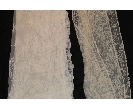 Cream Lace Stole, on machine net embroidered with floral motifs overall, within a scalloped border, 49cm by 245cm; Light Crea