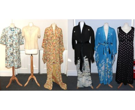 Assorted 20th Century Costume, comprising a Japanese silk floral kimono on a yellow ground, with a pale pink silk lining, a b