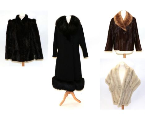 A Blin and Blin Black Wool Long Coat, with deep black fox fur collar and trimmed hem, fastened by a single large button; toge