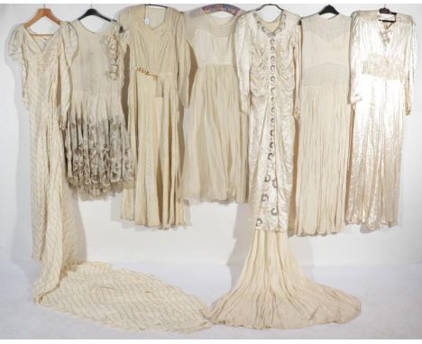 Assorted Early 20th Century Wedding Dresses, comprising a 1920s taffeta drop waist style sleeveless dress, round neck, skirt 