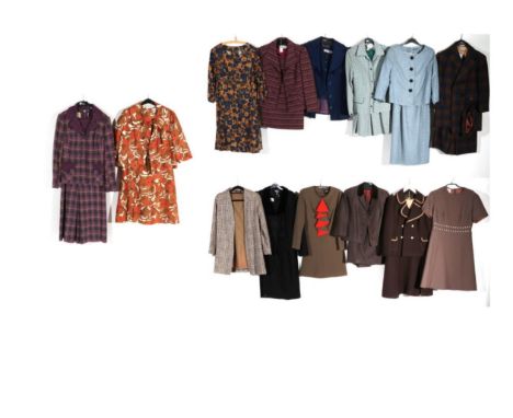 Assorted Circa 1950/60s and Later Suits and Separates, comprising Mark Russell two tone brown sleeveless shift dress with ple
