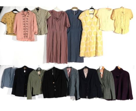 Circa 1940/50s and Later Costume, comprising blue crepe dress with spot embroidery to the front, three quarter length sleeves
