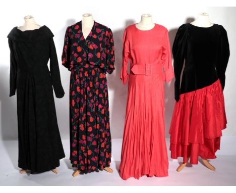 Four Circa 1980s Droopy &amp; Browns York by Angela Holmes Dresses, comprising a coral coloured linen full length dress with 