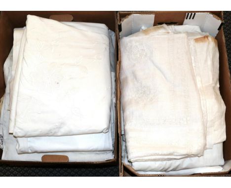 Assorted White Cotton and Linen Bed and Table Textiles, including embroidered bed covers, pina cloths etc (two boxes)