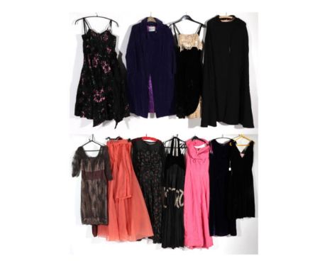 Assorted Circa 1950s and Later Evening Dresses and Coats, including a pink dress with spaghetti straps, ruched bodice, full s