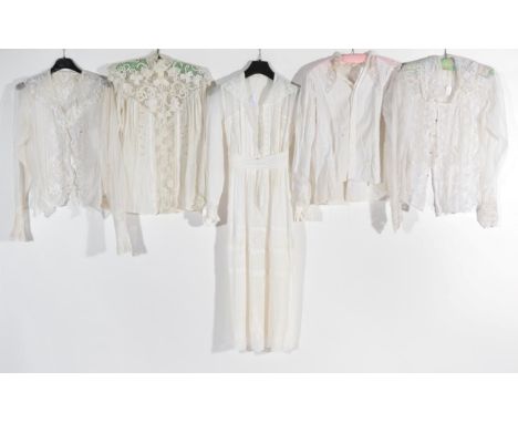 Edwardian Costume, comprising a white cotton blouse with floral embroidery to the front, pleats and button fastening to the b