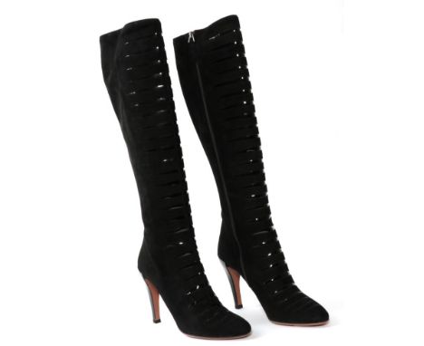Pair of Alaïa Black Suede High Heeled Knee High Boots, with open-work patent leather graduated detail to the front, with pate