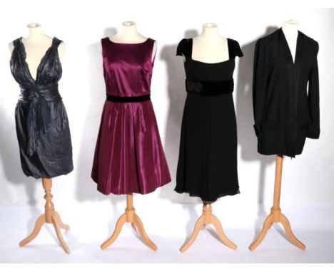 Modern Ladies Costume, comprising a Louis Vuitton petrol blue short dress, with plunging neckline, pleated straps and cummerb