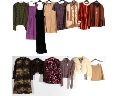 Assorted Circa 1960/70s and Later Costume, comprising an early Laura Ashley purple printed pinafore dress (size 14); Biba gre