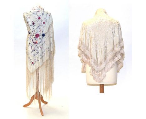 Late 19th Century/Early 20th Century Chinese Silk Shawls, including a cream silk square shawl embroidered in cream silk with 