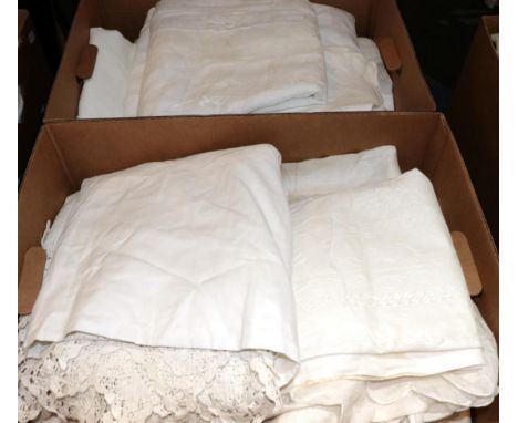 Assorted White Cotton and Linen Bed and Table Textiles, including embroidered bed covers, pina cloths etc (two boxes)