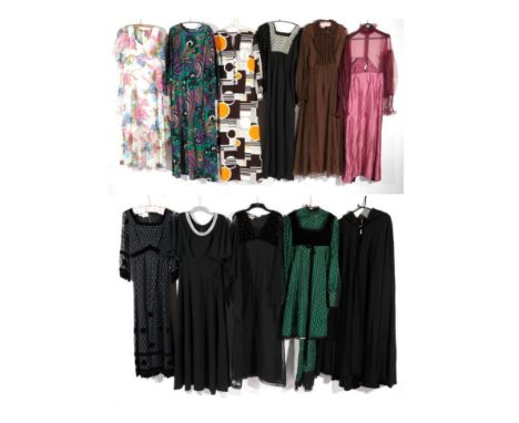 Assorted Circa 1970s and Later Evening Wear, comprising black full length wool pleated cape with hood and velvet trims, label