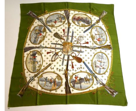 Hermès ''La Chasse A Tir'' or Hunting With Muskets Silk Scarf, designed by Philippe Ledoux, depicting various hunting scenes 