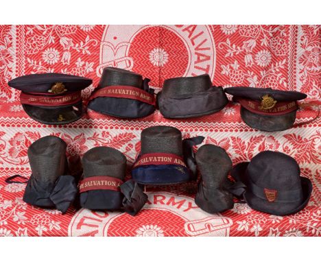 Early 20th Century Salvation Army Hats and Bonnets, comprising a lady's black straw work bonnet with Salvation Army ribbon, f