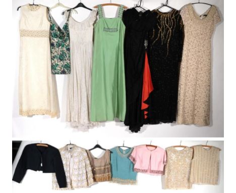 Assorted Mid 20th Century and Later Evening Dresses, comprising a Barbara Matera Ltd New York black bead mounted halter neck 