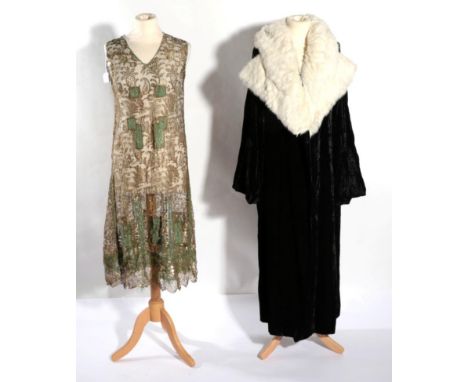 Circa 1920s Leon Haase Glasgow Black Velvet Evening Coat, with long sleeves, unusual gathered and 'looped' cuffs and white ra