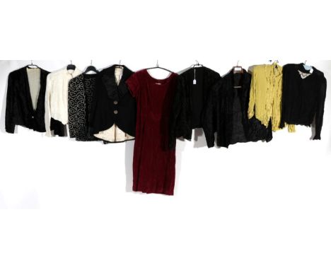 Circa 1920s/30s and Later Costume, comprising a black self-striped wool shaped jacket with long sleeves, black silk mounted c