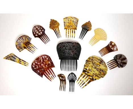 Assorted Decorative Pierced and Moulded Hair Combs, in various styles and sizes, mainly in tortoiseshell style comprising a h