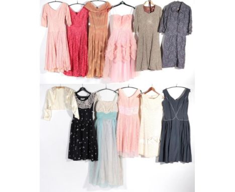 Assorted Circa 1950s and Later Lace Mounted and Other Dresses, including a light brown lace dress with sweet heart neckline, 