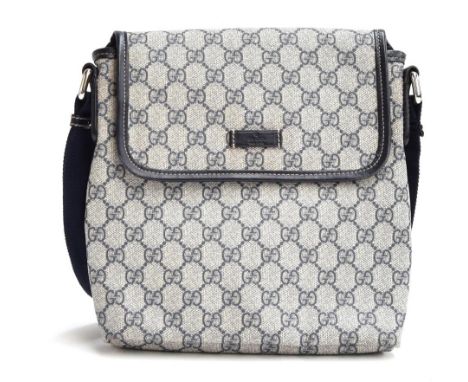 Gucci monogram canvas shoulder bag with blue leather trimmings, adjustable blue canvas shoulder strap and flap closure with m