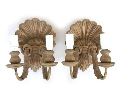 A pair of shell carved double branch wall sconces, fitted for electrical use, 23cmHProvenance: from the estate of Elizabeth P