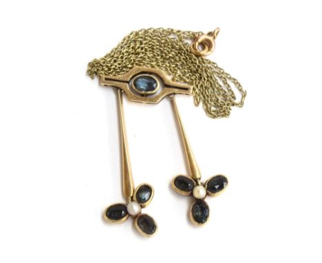 Art Nouveau style sapphire and pearl seed pendant (gold hallmark rubbed) 