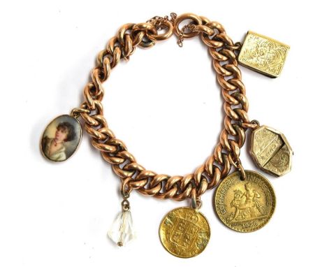 A 9ct gold charm bracelet with 6 charms to include a gold quarter sovereign, 1920 France, small enamel miniature, gross weigh