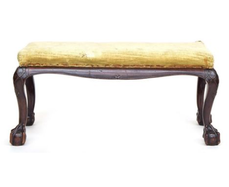 A George III style rectangular mahogany duet stool, the knees with blind fretwork decoration on claw and ball feet, 92cmWProv