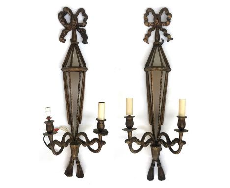 A pair of Italian carved giltwood mirrored double branch wall sconces, each with six mirrored plates, approximately 83cmHProv