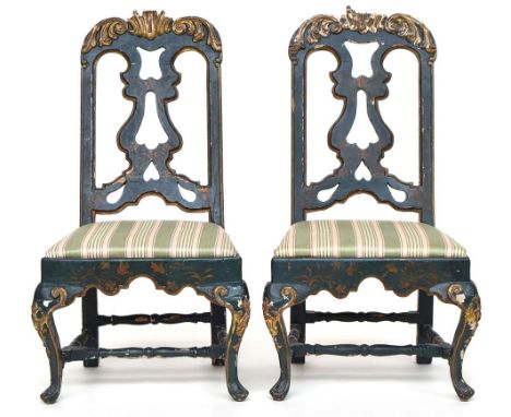 A pair of late 18th century Venetian green painted chairs, with gilt carved rocaille decoration to the pierced splats, above 