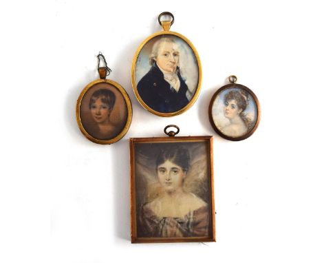 A group of four portrait miniatures, the gentleman with a yellow cartouche en verso inlaid with plaited hair and initials 'GJ