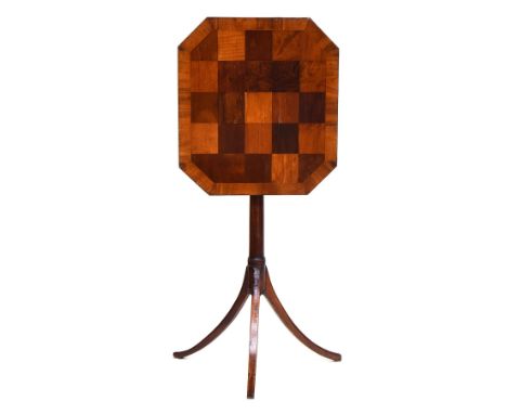 A Regency mahogany and inlaid tip up top tripod table, the top with chequer design of specimen woods, on slender column and t