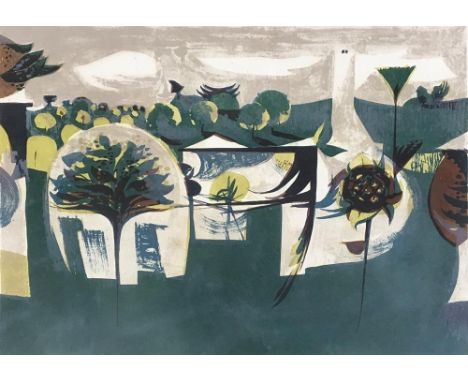 Alan Reynolds R.A. (British, 1926-2014), 'Moth Barn', lithograph in colours, signed and dated 1952 lower right, numbered 11/5
