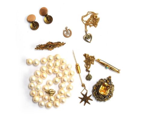 A cultured pearl necklace with 14ct catch, belt/shoe buckle with mark DRGM, pair of cufflinks, yellow metal pendant of the in