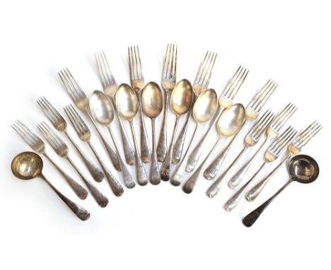 An Old English pattern part dinner service, the terminals monogrammed 'JEPC', to include forks (7), desert spoons (6), desert