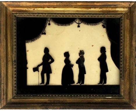 A Regency reverse glass painted silhouette, circa 1800, of four performers on stage, 16x21cm Provenance: from the estate of E