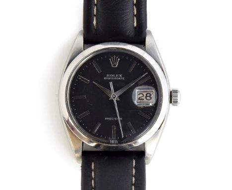 A GENTLEMAN'S STAINLESS STEEL ROLEX OYSTER DATE PRECISION WRIST WATCH CIRCA 1960, REF 6694, black dial, applied Baton markers