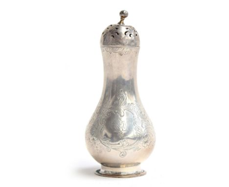 A Victoria suagr caster, by John Angell II & George Angell, London 1841, of bellied form, engraved with foliate decoration an