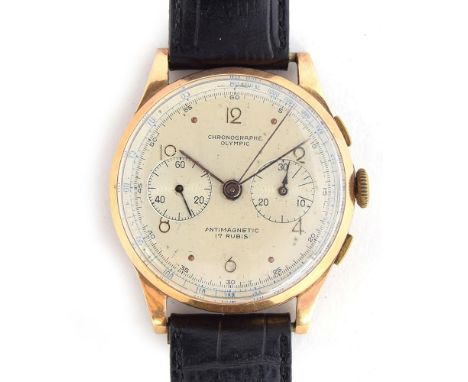 A GENTLEMAN'S 18CT ROSE GOLD CHRONOGRAPHE OLYMPIC WRIST WATCH CIRCA 1950s, SILVERED DIAL, ARABIC NUMERALS ON EVENS, TACHYMETE