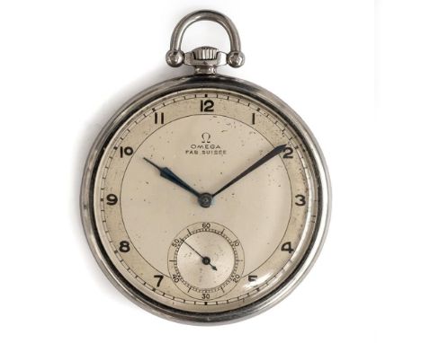 A STAYBRIGHT STEEL OMEGA POCKET WATCH DATED 1934. Movement: 15J, manual wind, cal 575L-15