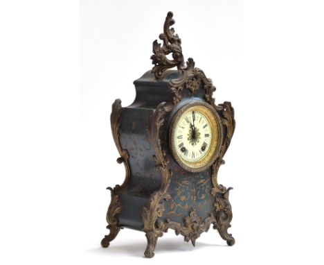 A Louis XV style green japanned and metal mounted mantel clock, Ansonia, New York, late 19th century, the eight-day gong stri