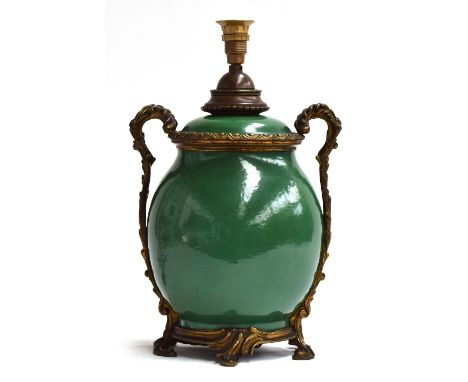 A French two handled ormolu mounted green ceramic vase table lamp, 35cmHProvenance: from the estate of Elizabeth Pepys-Cocker